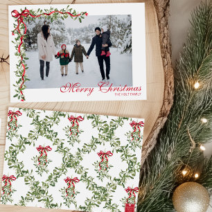 Cartes Pour Fêtes Annuelles Guirlande de gui à ruban rouge aquarelle Photo