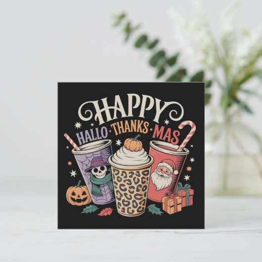 Cartes Pour Fêtes Annuelles Hallothanksmas Halloween Thanksgiving Christmas (Debout devant)