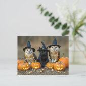 Cartes Pour Fêtes Annuelles Halloween Chat noir et Chouette mignonne (Debout devant)