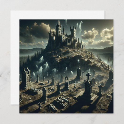 Cartes Pour Fêtes Annuelles Halloween effrayant Haunted Castle Graveyard (Devant / Derrière)