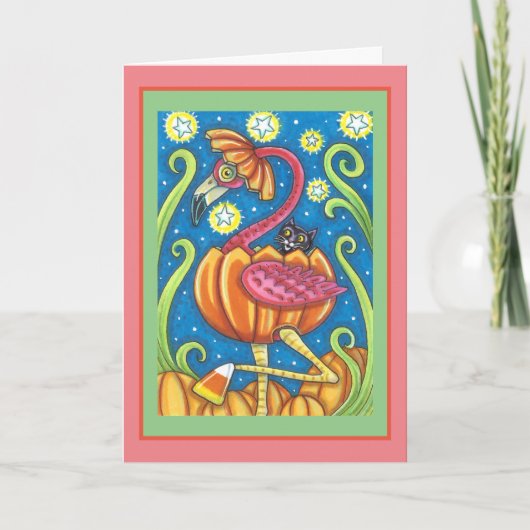 CARTES POUR FÊTES ANNUELLES HALLOWEEN FLAMANT ROSE ROSE & CHAT NOIR EN CITROUI (Devant)