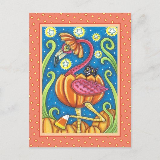 CARTES POUR FÊTES ANNUELLES HALLOWEEN FLAMANT ROSE ROSE & CHAT NOIR EN CITROUI (Devant)