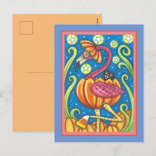 CARTES POUR FÊTES ANNUELLES HALLOWEEN FLAMANT ROSE ROSE & CHAT NOIR EN CITROUI