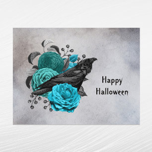 Cartes Pour Fêtes Annuelles Halloween gothique Turquoise Floral Crow