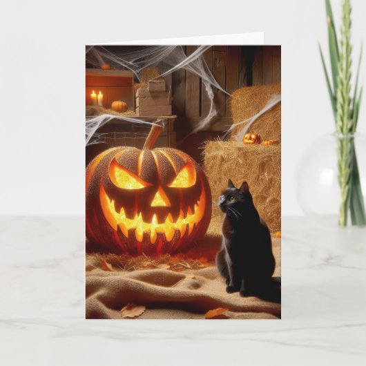 Cartes Pour Fêtes Annuelles Halloween Jack-o-lanterne et chat en grange (Devant)