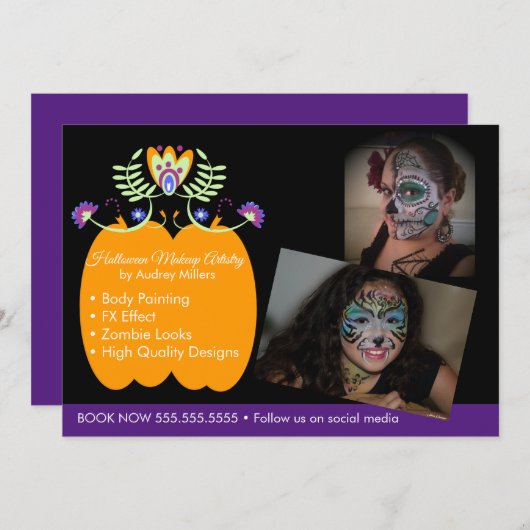Cartes Pour Fêtes Annuelles Halloween Maquillage Artiste Réservation (Devant / Derrière)