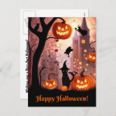 Cartes Pour Fêtes Annuelles Halloween mignon chatte Whimsical Citrouilles sorc (Devant / Derrière)