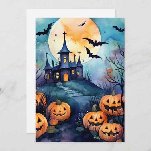 Cartes Pour Fêtes Annuelles Halloween Night Jack O’Lanterns Bats Pleine lune (Devant / Derrière)