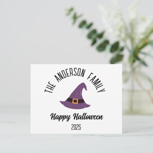 Cartes Pour Fêtes Annuelles Halloween Purple Witple Casquette Nom personnalisé (Debout devant)