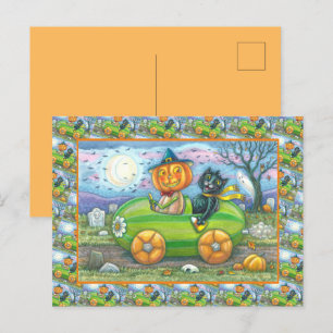 CARTES POUR FÊTES ANNUELLES HALLOWEEN ROAD TRIP, JACK ET CHAT NOIR AMIS