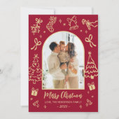 Cartes Pour Fêtes Annuelles Hand-Drawn Arch Photo Red and Gold Merry Christmas (Devant)