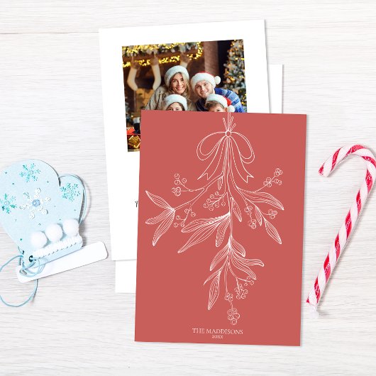 Cartes Pour Fêtes Annuelles Hand Drawn Mistletoe & Bow Christmas Dusty Red