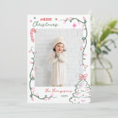 Cartes Pour Fêtes Annuelles Hand-Drawn String Lights & Tree Merry Christmas (Debout devant)