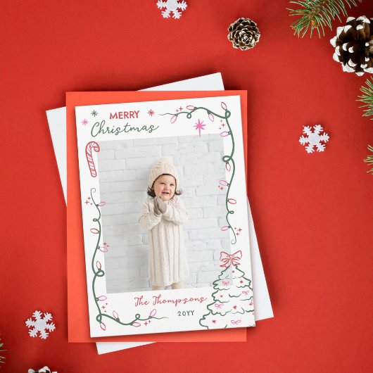 Cartes Pour Fêtes Annuelles Hand-Drawn String Lights & Tree Merry Christmas