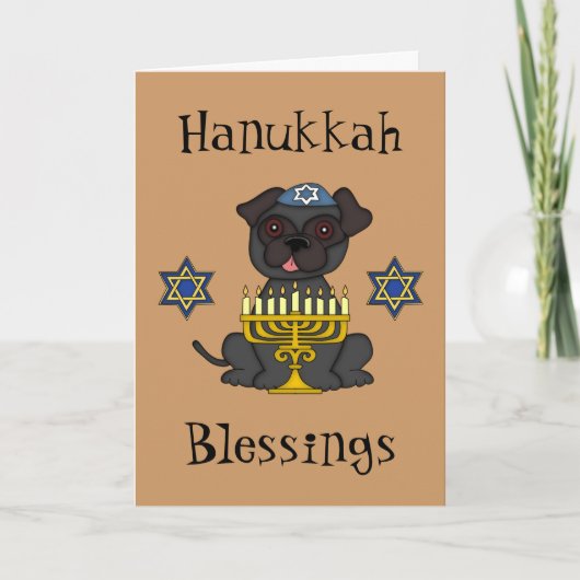 Cartes Pour Fêtes Annuelles Hanoukka Blessings-Cute Carlin avec Menorah (Devant)