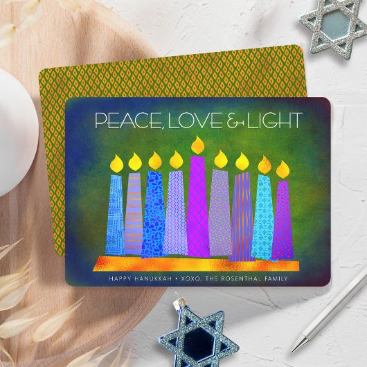 Cartes Pour Fêtes Annuelles Hanoukka Blue Boho bougies Green Peace Love Light