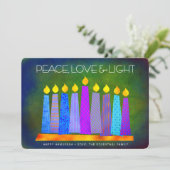 Cartes Pour Fêtes Annuelles Hanoukka Blue Boho bougies Green Peace Love Light (Debout devant)