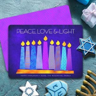 Cartes Pour Fêtes Annuelles Hanoukka Blue Boho Motif bougie Peace Love Light