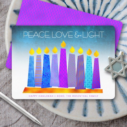 Cartes Pour Fêtes Annuelles Hanoukka Boho bougies Turquoise Peace Love Light