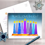 Cartes Pour Fêtes Annuelles Hanoukka Boho bougies Turquoise Peace Love Light<br><div class="desc">"Paix, amour et lumière." Une illustration ludique, moderne et artistique de bougies motifs de saumons dans une menorah vous aide à inaugurer les vacances de Hanoukka. Des bougies bleues assorties de motifs de fausse feuille colorés recouvrent un dégradé turquoise en arrière - plan texturé blanc. Au verso, tapez votre copie...</div>