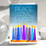 Cartes Pour Fêtes Annuelles Hanoukka Boho Turquoise bougies Peace Love Light<br><div class="desc">"Paix, amour et lumière." Une illustration ludique, moderne et artistique de bougies motifs de saumons dans une menorah vous aide à inaugurer les vacances de Hanoukka. Des bougies bleues assorties de motifs de fausse feuille colorés recouvrent un dégradé turquoise en arrière - plan texturé blanc. Sentez la chaleur et la...</div>