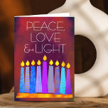 Cartes Pour Fêtes Annuelles Hanoukka Bougies de Boho Bleu sur Red Peace Love L<br><div class="desc">"Paix, amour et lumière." Une illustration ludique, moderne et artistique de bougies motifs de saumons dans une menorah vous aide à inaugurer les vacances de Hanoukka. Des bougies bleues assorties de motifs de fausse feuille colorés recouvrent un arrière - plan à la texture orange vif et riche. Sentez la chaleur...</div>