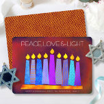 Cartes Pour Fêtes Annuelles Hanoukka Bougies de Boho Bleu sur Red Peace Love L<br><div class="desc">"Paix, amour et lumière." Une illustration ludique, moderne et artistique de bougies motifs de saumons dans une menorah vous aide à inaugurer les vacances de Hanoukka. Des bougies bleues assorties de motifs de fausse feuille colorés recouvrent un arrière - plan à la texture orange vif et riche. Faux papier motif...</div>