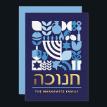 Cartes Pour Fêtes Annuelles Hanoukka Chanukah Menorah Etoiles juives Dreidel H<br><div class="desc">Hanoukka / Chanukah Bleu Blanc moderne Carte Motif géométrique moderne avec Faux Gold Foil. Menorah, Dreidel, Donuts, Stars & Huile d'olive... Ils sont tous ici. Symboles d'Hanoukka hébreu et juif Espace pour ajouter votre texte personnalisé à l'avant et à l'arrière. Heureux souhaits d'Hanoukka. L'hébreu sur le devant dit "Chanukah". Cette...</div>