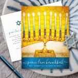 Cartes Pour Fêtes Annuelles Hanoukka élégant Yellow Gold Menorah Script Turquo<br><div class="desc">"Paix, Amour, Hanoukka". Une photo de fond illustrant une menorah d'or jaune brillant et colorée sur un arrière - plan bleu turquoise texturé vous aide à inaugurer les vacances de Hanoukka. Sentez la chaleur et la joie de la saison des Fêtes chaque fois que vous envoyez cette carte postale de...</div>