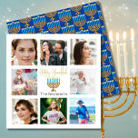 Cartes Pour Fêtes Annuelles Hanoukka Family Photo Collage Gold Blue<br><div class="desc">Un simple collage de photos de famille de cette carte de voeux Hanoukka personnelle. Un ornement doré fait également partie du design. Au verso,  la Menorrah est modelée sur un arrière - plan bleu. Modifiez facilement les photos pour vos propres images personnelles.</div>