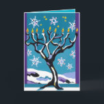 Cartes Pour Fêtes Annuelles Hanoukka hivernal<br><div class="desc">Hanoukka tombe souvent en hiver, juste comme les premiers flocons de neige tombent doucement par le ciel. Les gens allument la lampe de Hanoukka par une fenêtre, avec une vue du ciel de nuit. Cette carte montre une lampe de Hanoukka, formée comme neige-couvert, nu-s'est embranchée arbre, placé avant une fenêtre....</div>