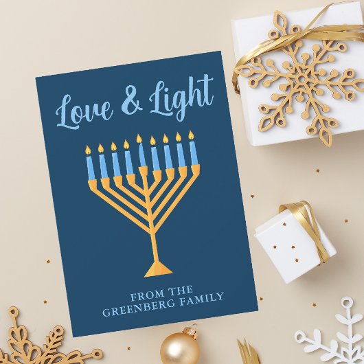 Cartes Pour Fêtes Annuelles Hanoukka Love & Light Custom Menorah Blue Gold