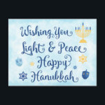 Cartes Pour Fêtes Annuelles Hanoukka Lumière et paix<br><div class="desc">Une carte à thème juive Hanoukka avec une menorah, l'étoile de David et Driedel. Le texte dit Wishing You Light & Peace Happy Hanoukka. L'arrière - plan est un lavage à l'eau bleu clair. Personnalisez le dos avec votre propre message et/ou logo de l'entreprise. Ces cartes postales sont un moyen...</div>