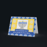 Cartes Pour Fêtes Annuelles Hanoukka Menorah pour Friend Star de David<br><div class="desc">Une menorah d'argent avec des bougies bleues sur un arrière - plan orné décore la couverture de cette carte Happy Hanoukka pour un ami. Ajoutez le nom de votre ami à la couverture pour un accueil personnalisé. La carte a un aspect mosaïque de la texture de carreaux. Copyright © Shoaff...</div>