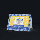 Cartes Pour Fêtes Annuelles Hanoukka Menorah pour un fils et sa famille<br><div class="desc">Une menorah d'argent avec des bougies bleues sur un arrière - plan orné décore la couverture de cette carte Happy Hanoukka pour un fils et sa famille. La carte a un aspect mosaïque de la texture de carreaux. Copyright © Shoaff Ballanger Studios,  2023.</div>