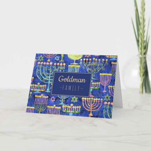 Cartes Pour Fêtes Annuelles Hanoukka moderne Blue Gold Menorah étoile de David (Devant)