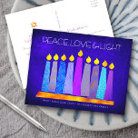 Cartes Pour Fêtes Annuelles Hanoukka Moderne Boho bougies Bleu Paix Amour Lumi<br><div class="desc">"Paix, amour et lumière." Une illustration ludique, moderne et artistique de bougies motifs de saumons dans une menorah vous aide à inaugurer les vacances de Hanoukka. Des bougies bleues assorties de motifs de fausse feuille colorés recouvrent un arrière - plan texturé bleu profond riche. Au verso, tapez votre copie personnelle...</div>