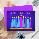 Cartes Pour Fêtes Annuelles Hanoukka Moderne Boho bougies Paix Amour Bleu clai<br><div class="desc">"Paix, amour et lumière." Une illustration ludique, moderne et artistique de bougies motifs de saumons dans une menorah vous aide à inaugurer les vacances de Hanoukka. Des bougies bleues assorties de motifs de fausse feuille colorés recouvrent un arrière - plan texturé bleu profond riche. Faux motif de diamant rose chaud...</div>