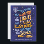 Cartes Pour Fêtes Annuelles Hanoukka non photo Light et Latkes<br><div class="desc">Non-carte photo,  avec,  un sentiment Hanoukka brillant et coloré,  écrit à la main,  avec des loquets et des lumières de la menorah. L'envers a un motif de coordination et des photos de famille peuvent être ajoutés.</div>