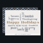 Cartes Pour Fêtes Annuelles Hanoukka Salutations Holiday Blue Gold<br><div class="desc">Collage des salutations de vacances,  Joyeuses Fêtes,  Hanoukka,  Nouvel An,  Bonne Volonté,  Rire,  Bonheur,  Namaste,  Joie,  Paix,  Amour,  Action de grâces,  Famille,  & Dons. Customisez avec votre nom et votre année.</div>