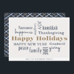 Cartes Pour Fêtes Annuelles Hanoukka Salutations Holiday Blue Gold<br><div class="desc">Collage des salutations de vacances,  Joyeuses Fêtes,  Hanoukka,  Nouvel An,  Bonne Volonté,  Rire,  Bonheur,  Namaste,  Joie,  Paix,  Amour,  Action de grâces,  Famille,  & Dons. Customisez avec votre nom et votre année.</div>