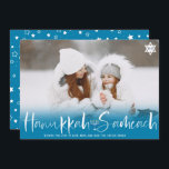 Cartes Pour Fêtes Annuelles Hanoukka Sameach bleu superposition script menorah<br><div class="desc">Hanoukka Sameach bleu clair superposition script menorah 1 photo. Heureux Hanoukka !</div>
