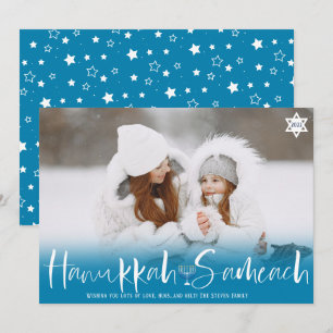 Cartes Pour Fêtes Annuelles Hanoukka Sameach bleu superposition script menorah