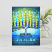 Cartes Pour Fêtes Annuelles Hanoukka Stylish Blue Green Menorah sur Turquoise  (Debout devant)