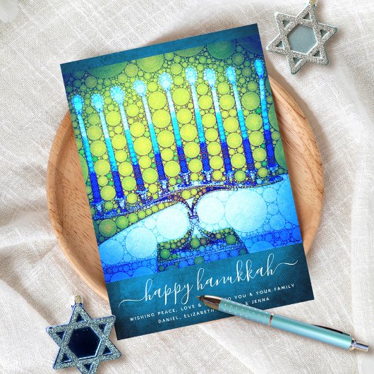 Cartes Pour Fêtes Annuelles Hanoukka Stylish Blue Green Menorah sur Turquoise 