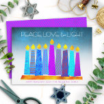 Cartes Pour Fêtes Annuelles Hanukkah Boho Candles Peace Love Light Turquoise<br><div class="desc">“Peace, love & light.” A playful, modern, artsy illustration of boho pattern candles in a menorah helps you usher in the holiday of Hanukkah. Assorted blue candles with colorful faux foil patterns overlay a turquoise gradient to white textured background. Faux hot pink purple diamond pattern foil on a cornflower blue...</div>
