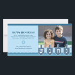 Cartes Pour Fêtes Annuelles Hanukkah Dreidel<br><div class="desc">A filer dreidel shows shin,  hey,  gimel and maintenant on this Hanukkah photo card with your own photo right above The subtle Star of David Background enhances your personalized message accented by another Star of David. Available in alternate colors with matching products.</div>