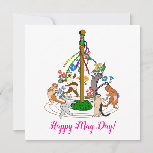 Cartes Pour Fêtes Annuelles Happy Cats Danser Autour De Maypole Salutation Per (Devant)