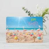 Cartes Pour Fêtes Annuelles Happy Easter Flamingo Easter Egg Hunt on Beach (Debout devant)