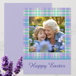 Cartes Pour Fêtes Annuelles Happy Easter Plaid One Photo Purple Blue Pastel